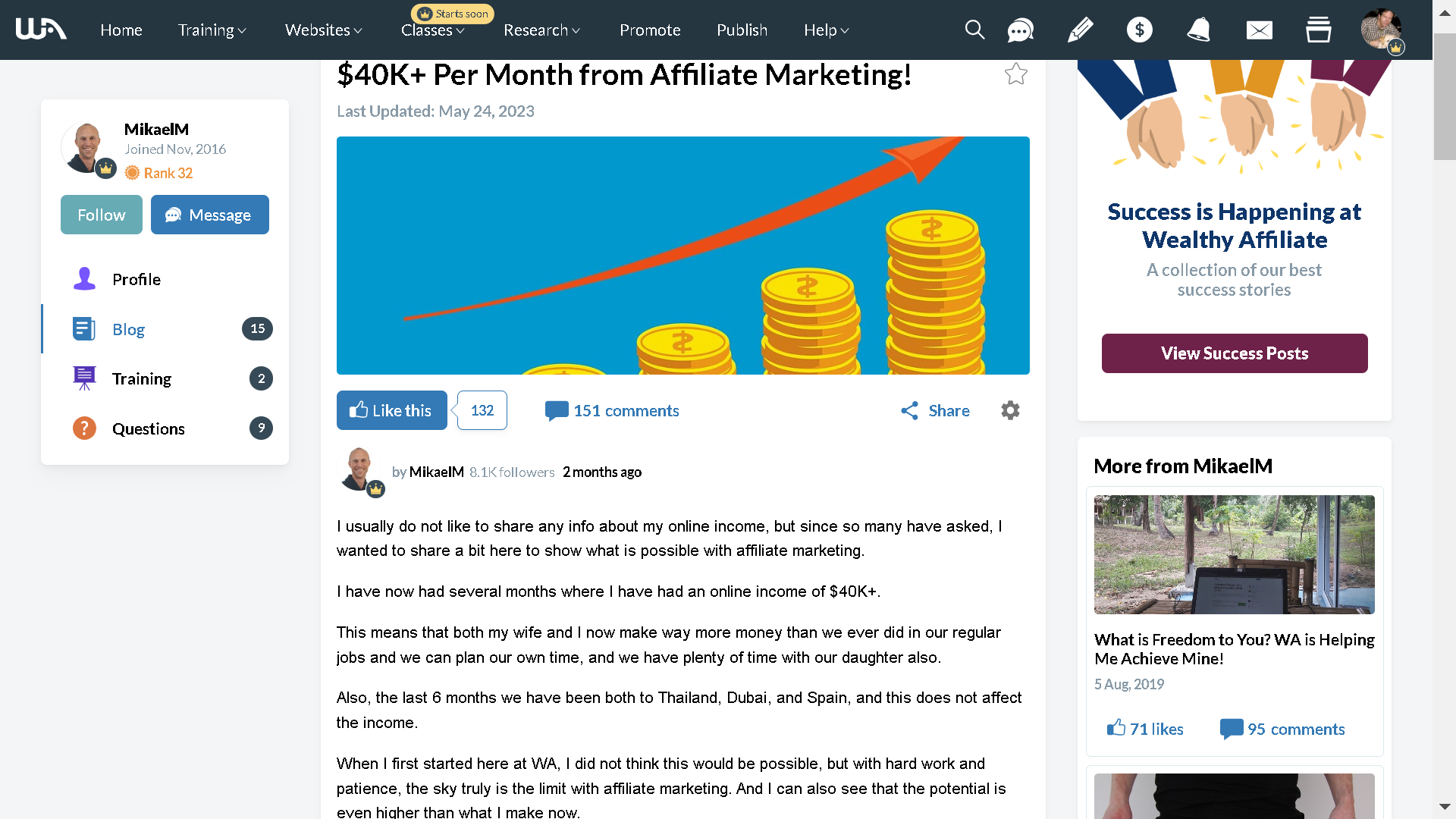 One of many Success Stories at Wealthy Affiliate